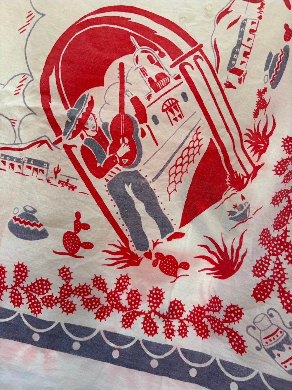 Vintage 1940’s Southwestern Print Tablecloth in Red and Gray. BB